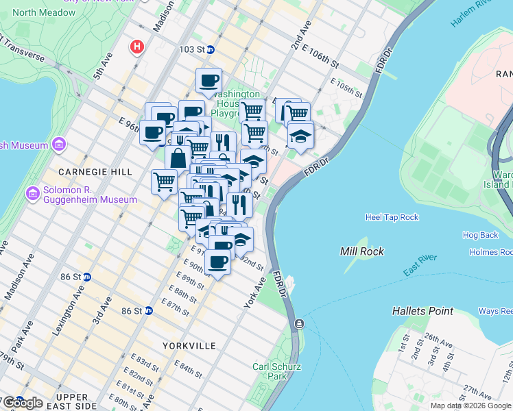 map of restaurants, bars, coffee shops, grocery stores, and more near 1849 1st Avenue in New York