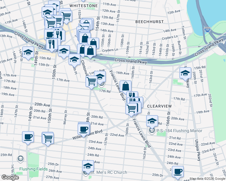 map of restaurants, bars, coffee shops, grocery stores, and more near 16-54 157th Street in Queens