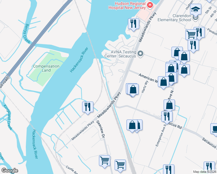 map of restaurants, bars, coffee shops, grocery stores, and more near 5 Harmon Cove Tower in Secaucus