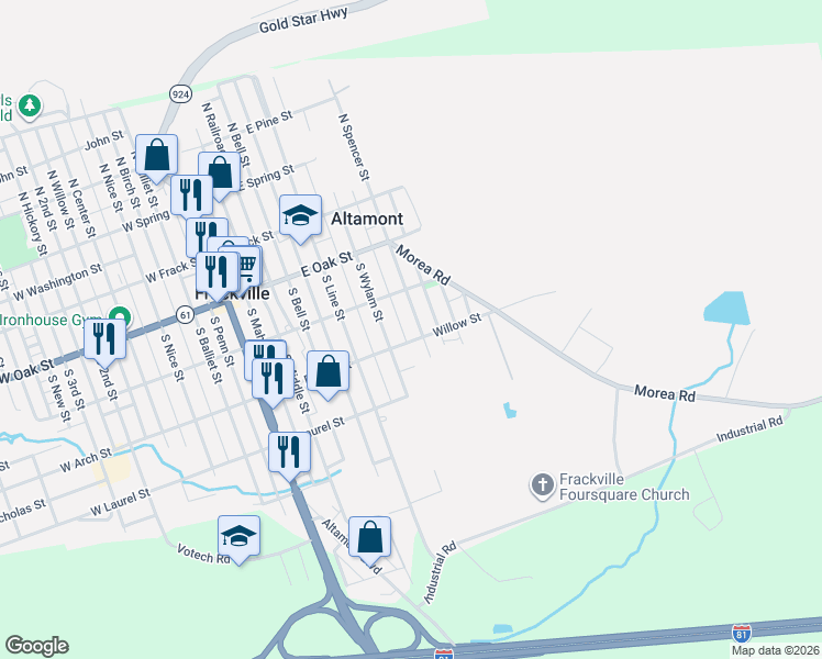map of restaurants, bars, coffee shops, grocery stores, and more near 231 South Spencer Street in Frackville