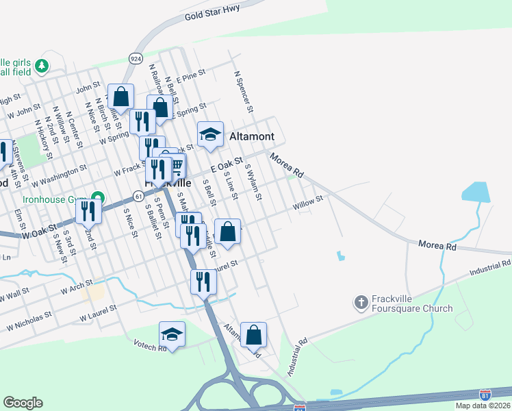map of restaurants, bars, coffee shops, grocery stores, and more near 213 South Wylam Street in Frackville