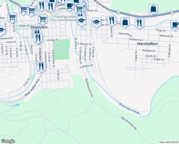 map of restaurants, bars, coffee shops, grocery stores, and more near 401-499 South Pearl Street in Shamokin