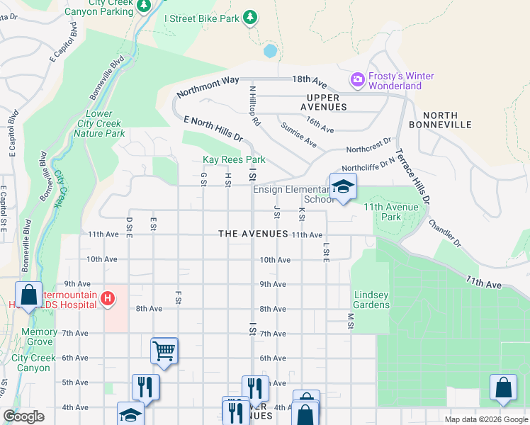 map of restaurants, bars, coffee shops, grocery stores, and more near 610 I Street in Salt Lake City