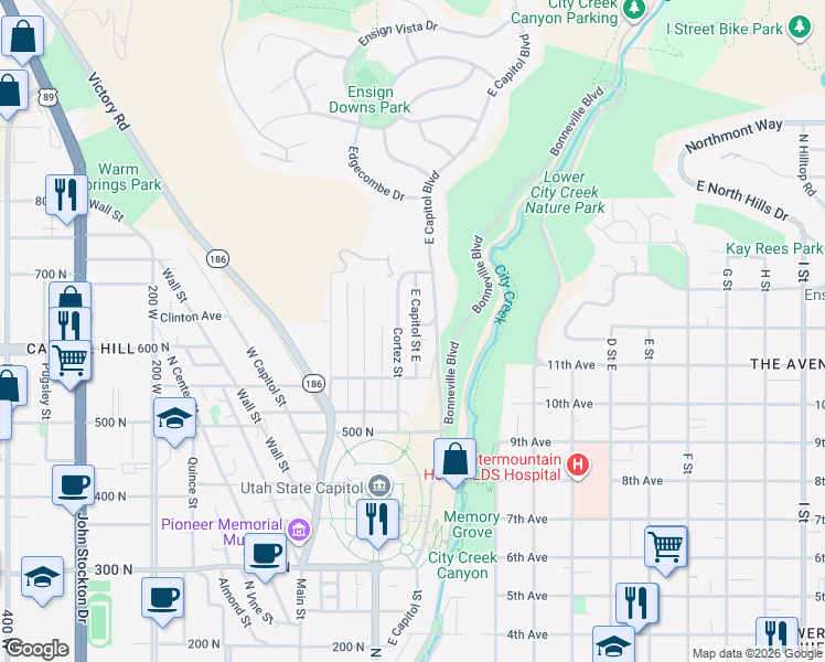 map of restaurants, bars, coffee shops, grocery stores, and more near 664 East Capitol Street East in Salt Lake City