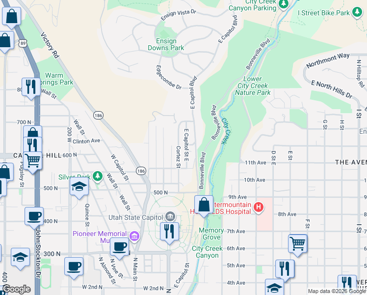 map of restaurants, bars, coffee shops, grocery stores, and more near 664 East Capitol Street East in Salt Lake City