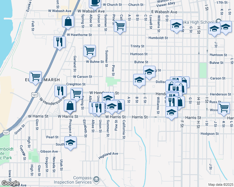 map of restaurants, bars, coffee shops, grocery stores, and more near 2715 Pine Street in Eureka