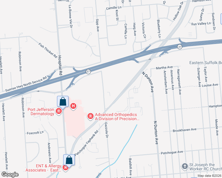 map of restaurants, bars, coffee shops, grocery stores, and more near 801 Gazzola Drive in East Patchogue