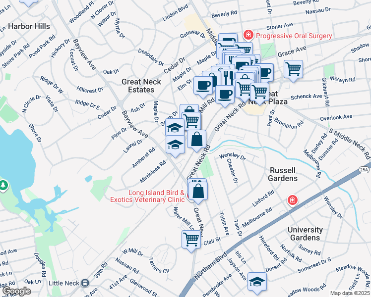 map of restaurants, bars, coffee shops, grocery stores, and more near 98 Cuttermill Road in Great Neck Plaza