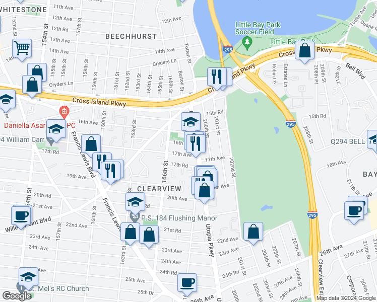 map of restaurants, bars, coffee shops, grocery stores, and more near 166-36 16th Road in Queens