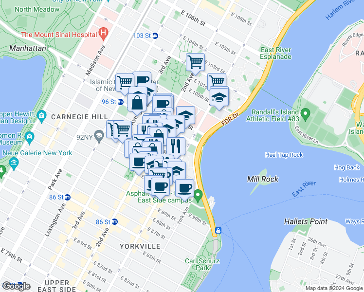 map of restaurants, bars, coffee shops, grocery stores, and more near 334 East 96th Street in New York