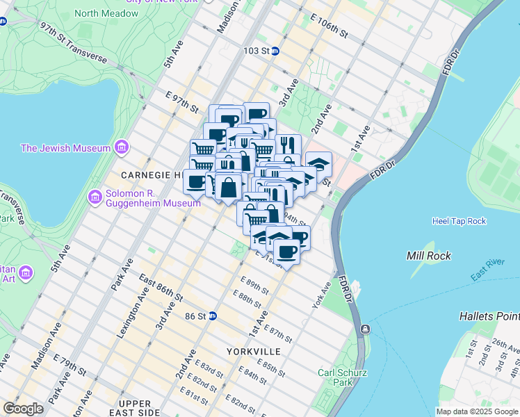 map of restaurants, bars, coffee shops, grocery stores, and more near 239 East 94th Street in New York