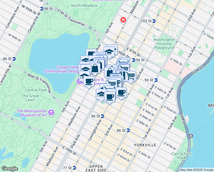map of restaurants, bars, coffee shops, grocery stores, and more near 1147 Park Avenue in New York