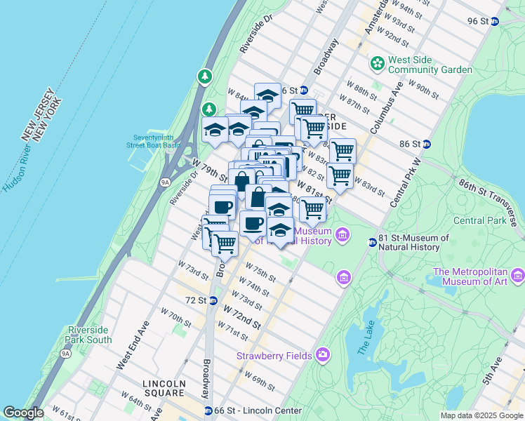 map of restaurants, bars, coffee shops, grocery stores, and more near in New York