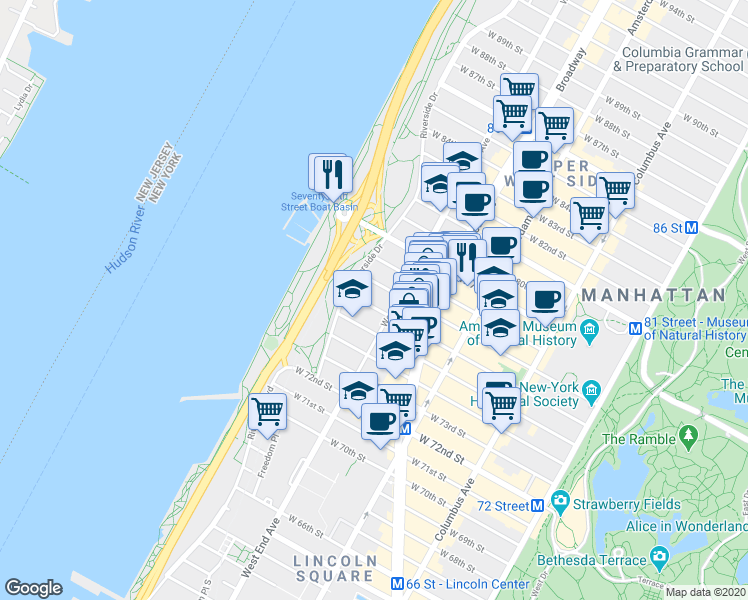 map of restaurants, bars, coffee shops, grocery stores, and more near 321 West 77th Street in New York