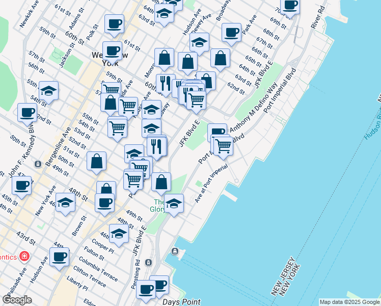 map of restaurants, bars, coffee shops, grocery stores, and more near 5701 John F. Kennedy Boulevard in West New York