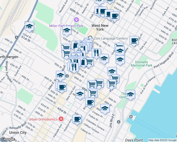 map of restaurants, bars, coffee shops, grocery stores, and more near 425 52nd Street in West New York