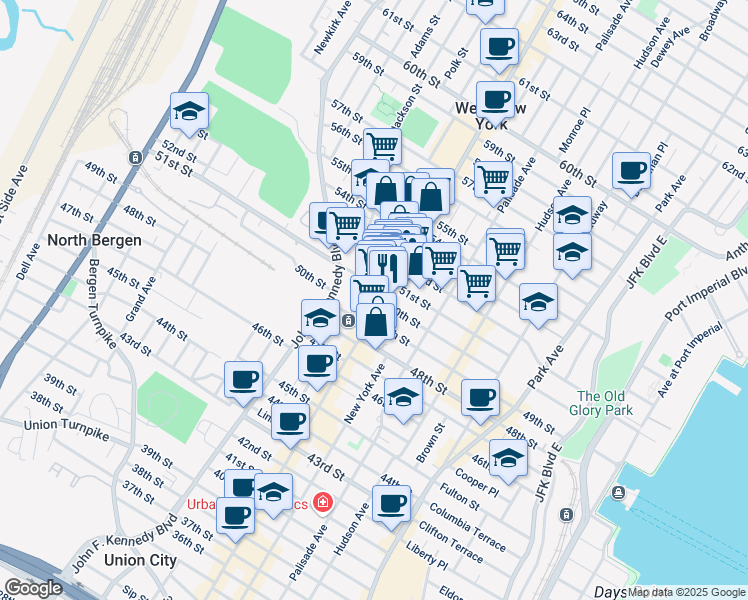 map of restaurants, bars, coffee shops, grocery stores, and more near 5111 Bergenline Avenue in West New York
