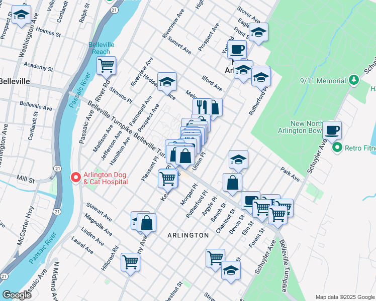 map of restaurants, bars, coffee shops, grocery stores, and more near 45 Ridge Road in North Arlington