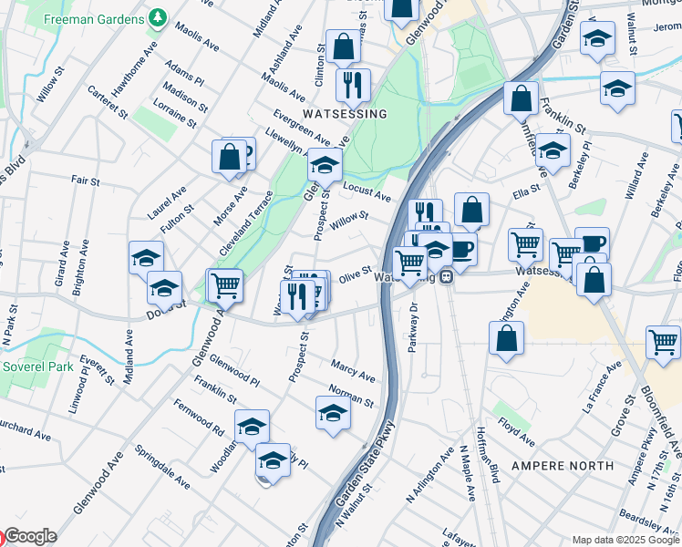 map of restaurants, bars, coffee shops, grocery stores, and more near 111 Myrtle Street in Bloomfield