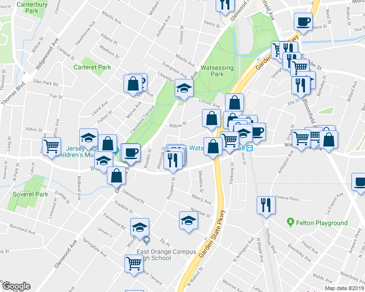 map of restaurants, bars, coffee shops, grocery stores, and more near 12 Thornton Street in Bloomfield