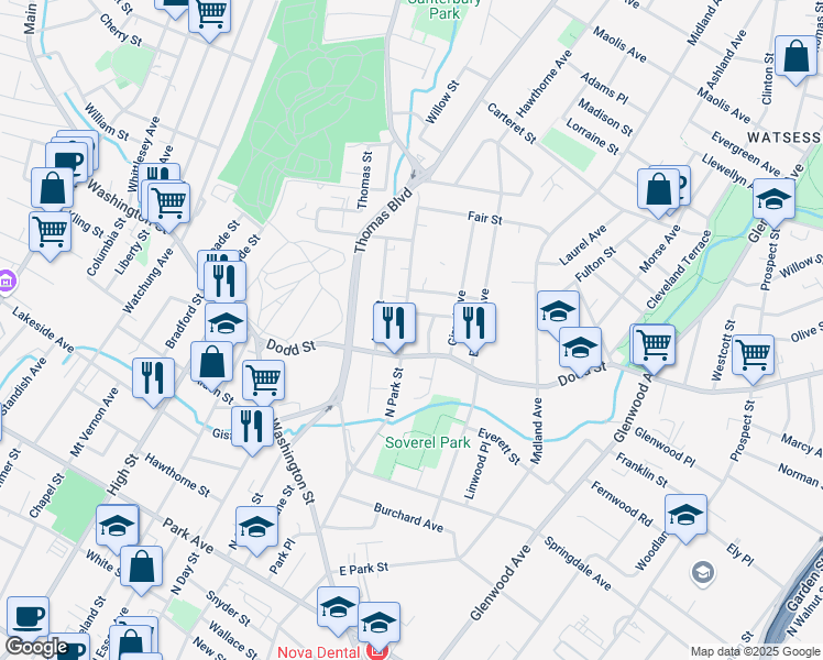 map of restaurants, bars, coffee shops, grocery stores, and more near 205 North Park Street in East Orange