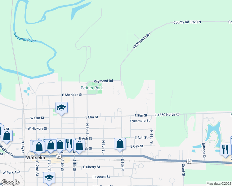 map of restaurants, bars, coffee shops, grocery stores, and more near 715 Raymond Road in Watseka