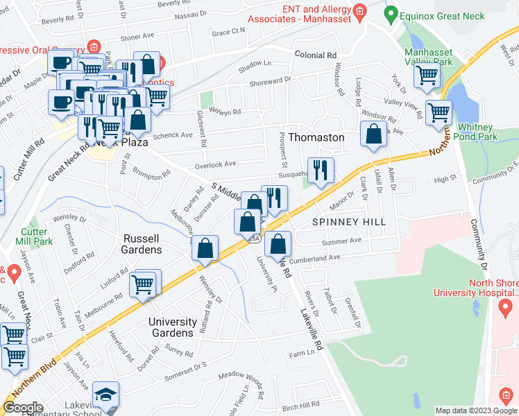 map of restaurants, bars, coffee shops, grocery stores, and more near 3 Arbor Street in Great Neck