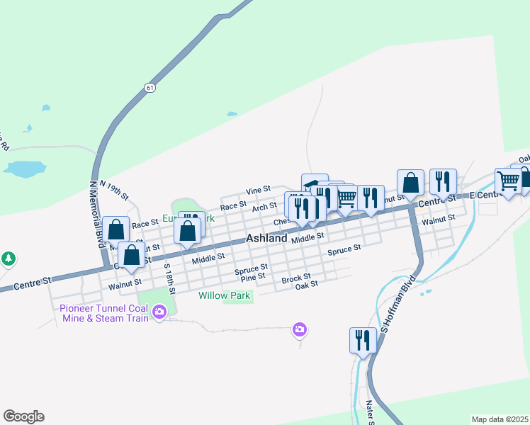 map of restaurants, bars, coffee shops, grocery stores, and more near 1129 Market Street in Ashland
