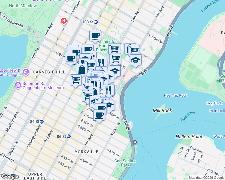 map of restaurants, bars, coffee shops, grocery stores, and more near 334 East 96th Street in New York