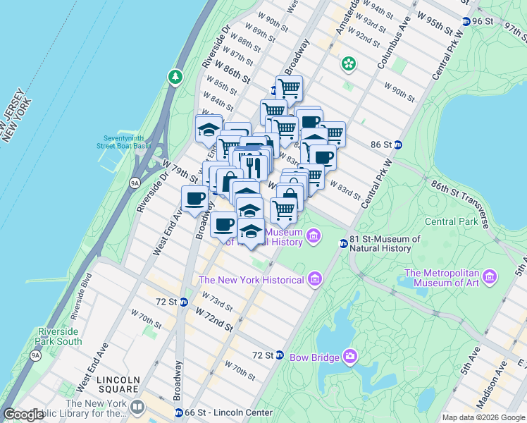 map of restaurants, bars, coffee shops, grocery stores, and more near 163 West 80th Street in New York