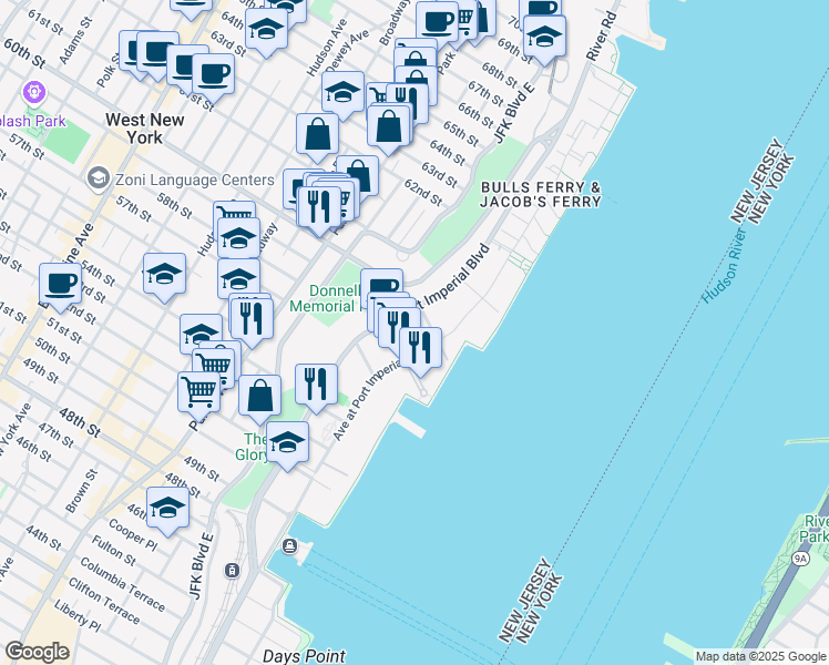 map of restaurants, bars, coffee shops, grocery stores, and more near 17 Avenue at Port Imperial in West New York