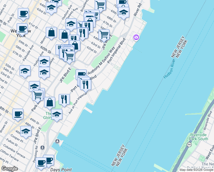 map of restaurants, bars, coffee shops, grocery stores, and more near 8 Avenue at Port Imperial in West New York