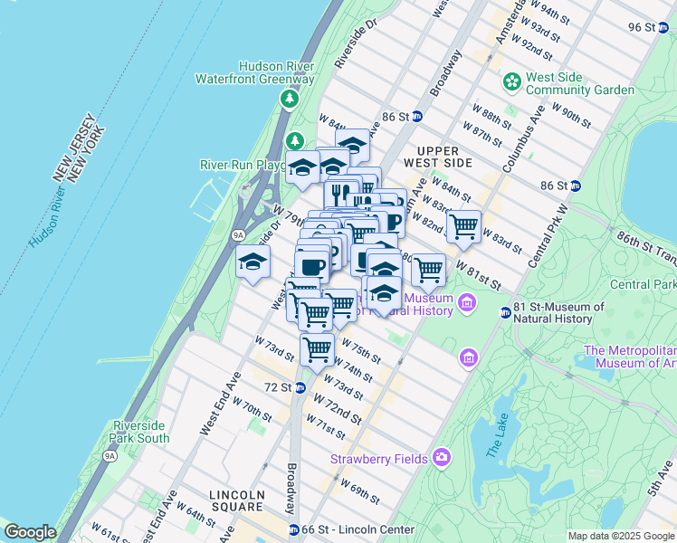 map of restaurants, bars, coffee shops, grocery stores, and more near 236 West 78th Street in New York