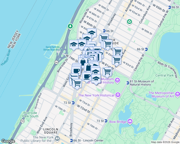 map of restaurants, bars, coffee shops, grocery stores, and more near in New York