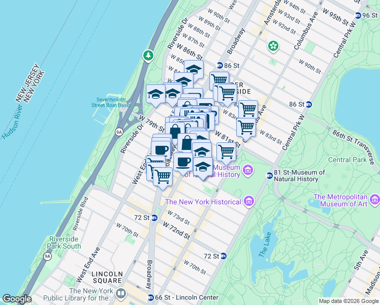 map of restaurants, bars, coffee shops, grocery stores, and more near 200 West 79th Street in New York