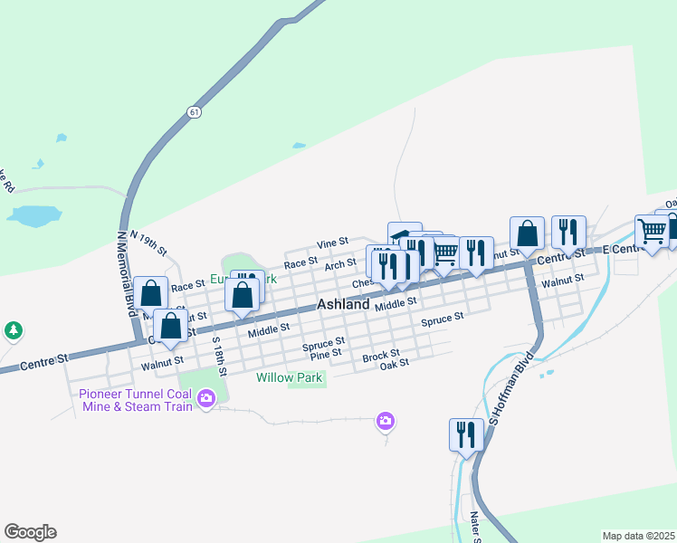 map of restaurants, bars, coffee shops, grocery stores, and more near 1133 Market Street in Ashland