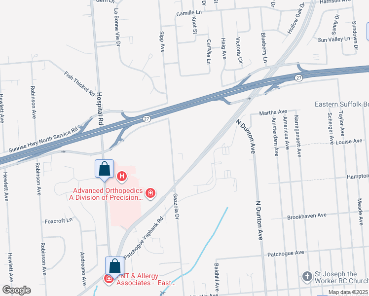 map of restaurants, bars, coffee shops, grocery stores, and more near 801 Gazzola Drive in East Patchogue