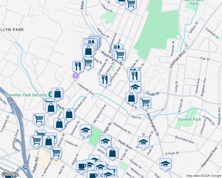 map of restaurants, bars, coffee shops, grocery stores, and more near 274 Watchung Avenue in West Orange