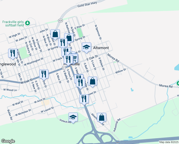 map of restaurants, bars, coffee shops, grocery stores, and more near 204 South Broad Mountain Avenue in Frackville