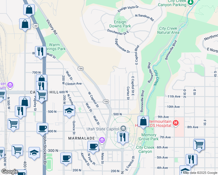 map of restaurants, bars, coffee shops, grocery stores, and more near 615 Columbus Street in Salt Lake City