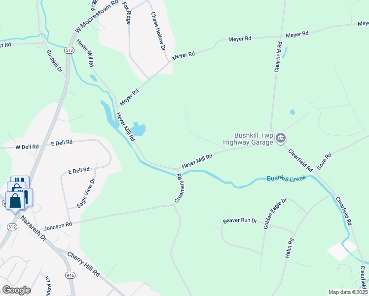 map of restaurants, bars, coffee shops, grocery stores, and more near 504 Heyer Mill Road in Nazareth