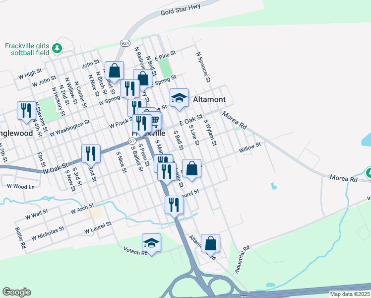 map of restaurants, bars, coffee shops, grocery stores, and more near 204 South Broad Mountain Avenue in Frackville