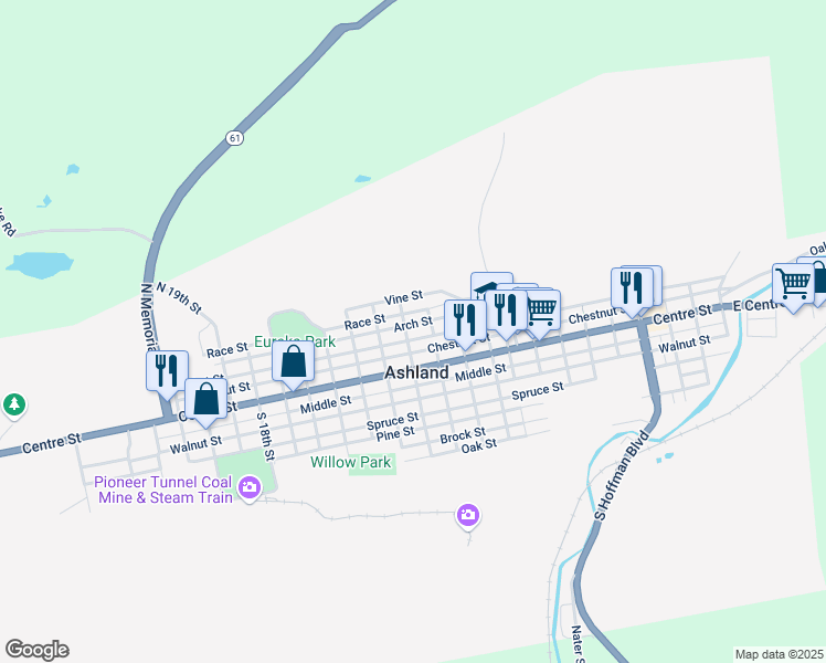 map of restaurants, bars, coffee shops, grocery stores, and more near 1129 Market Street in Ashland