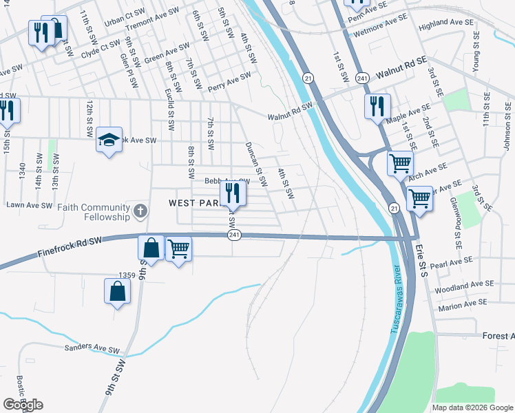 map of restaurants, bars, coffee shops, grocery stores, and more near 528 Geiger Avenue Southwest in Massillon