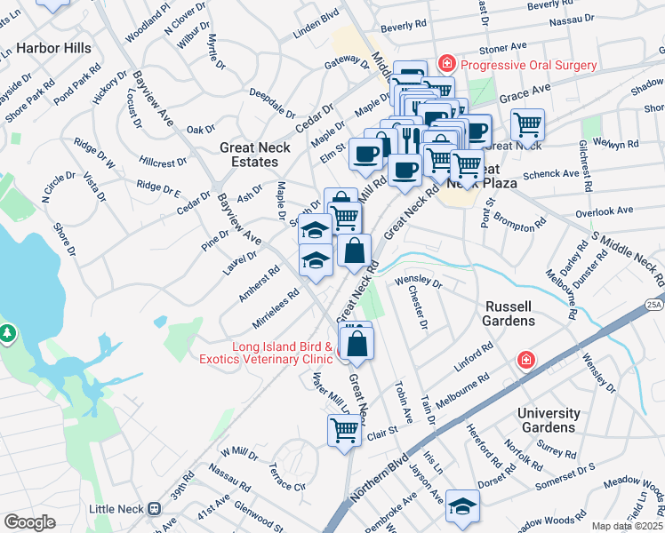 map of restaurants, bars, coffee shops, grocery stores, and more near 98 Cuttermill Road in Great Neck Plaza