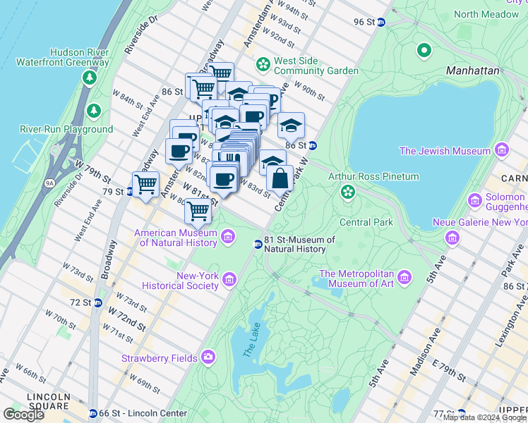 map of restaurants, bars, coffee shops, grocery stores, and more near 8 West 82nd Street in New York