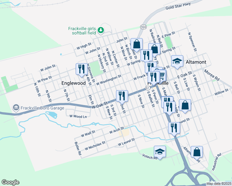 map of restaurants, bars, coffee shops, grocery stores, and more near 28 South 2nd Street in Frackville