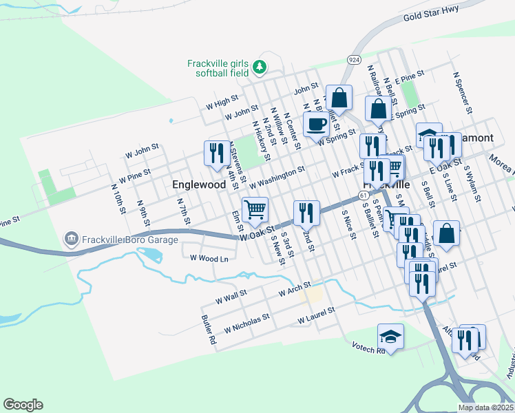 map of restaurants, bars, coffee shops, grocery stores, and more near 482 West Frack Street in Frackville