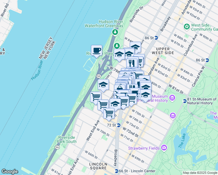 map of restaurants, bars, coffee shops, grocery stores, and more near 317 West 76th Street in New York