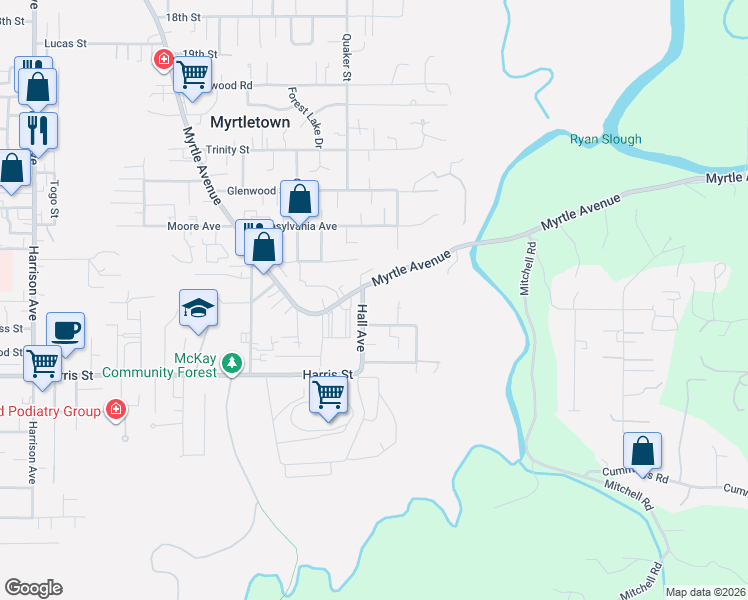 map of restaurants, bars, coffee shops, grocery stores, and more near 2828-2898 Myrtle Avenue in Eureka